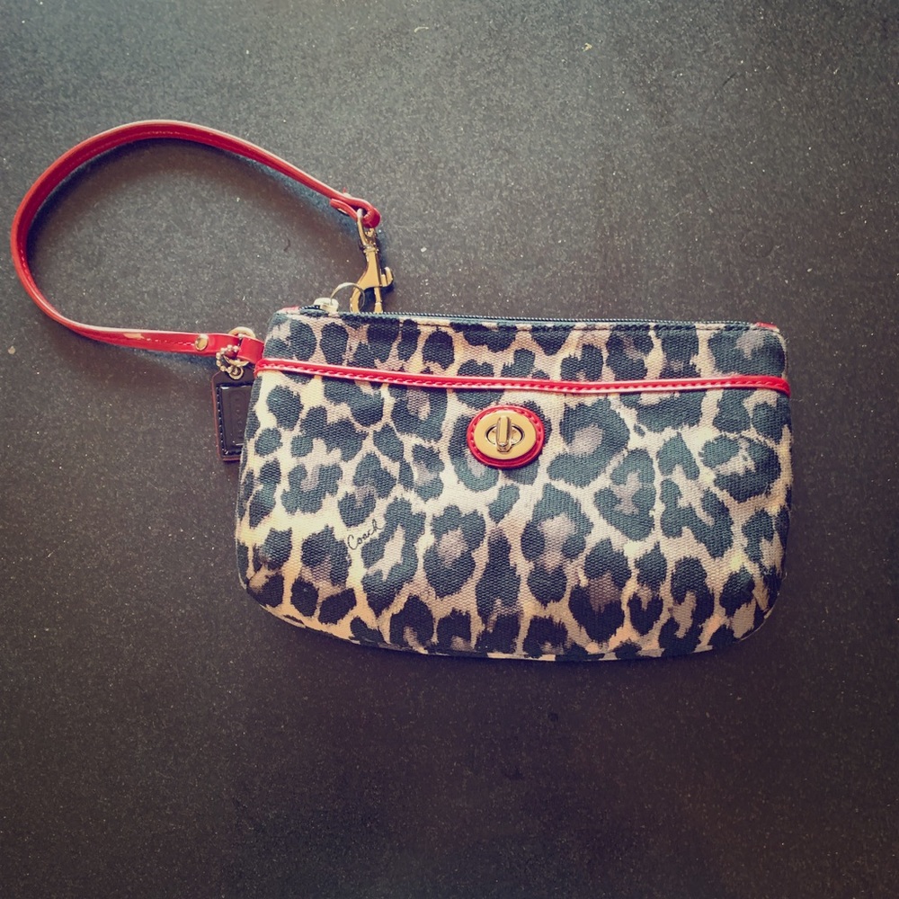 Coach leopard, red patent leather trim wristlet.